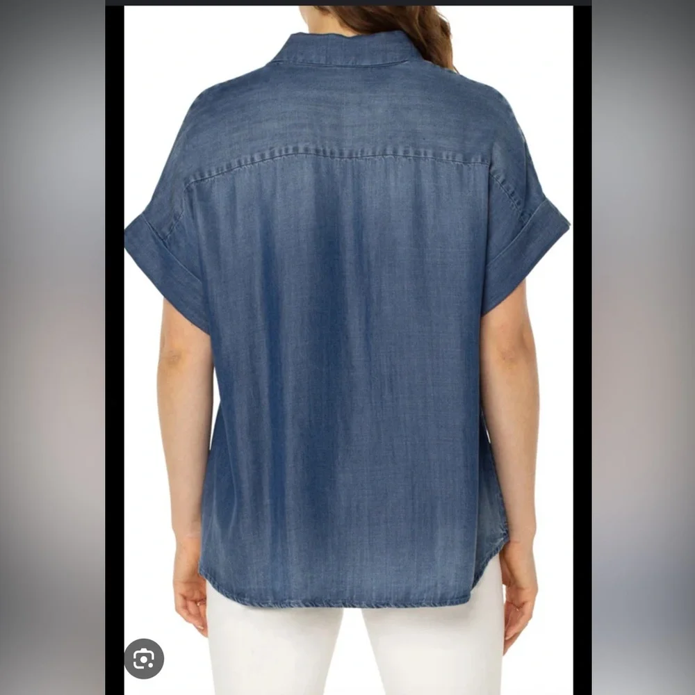 NWT Liverpool Crenshaw Collared Camp Shirt Chambray Hi-Low Summer‎ Casual